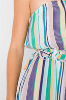 Green Multi Stripe Strapless Lightweight Wide Leg Jumpsuit