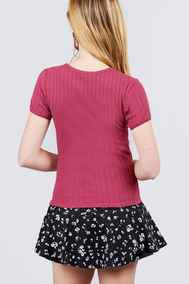 Short Sleeve W/lace Trim Detail Crew Neck Pointelle Knit Top