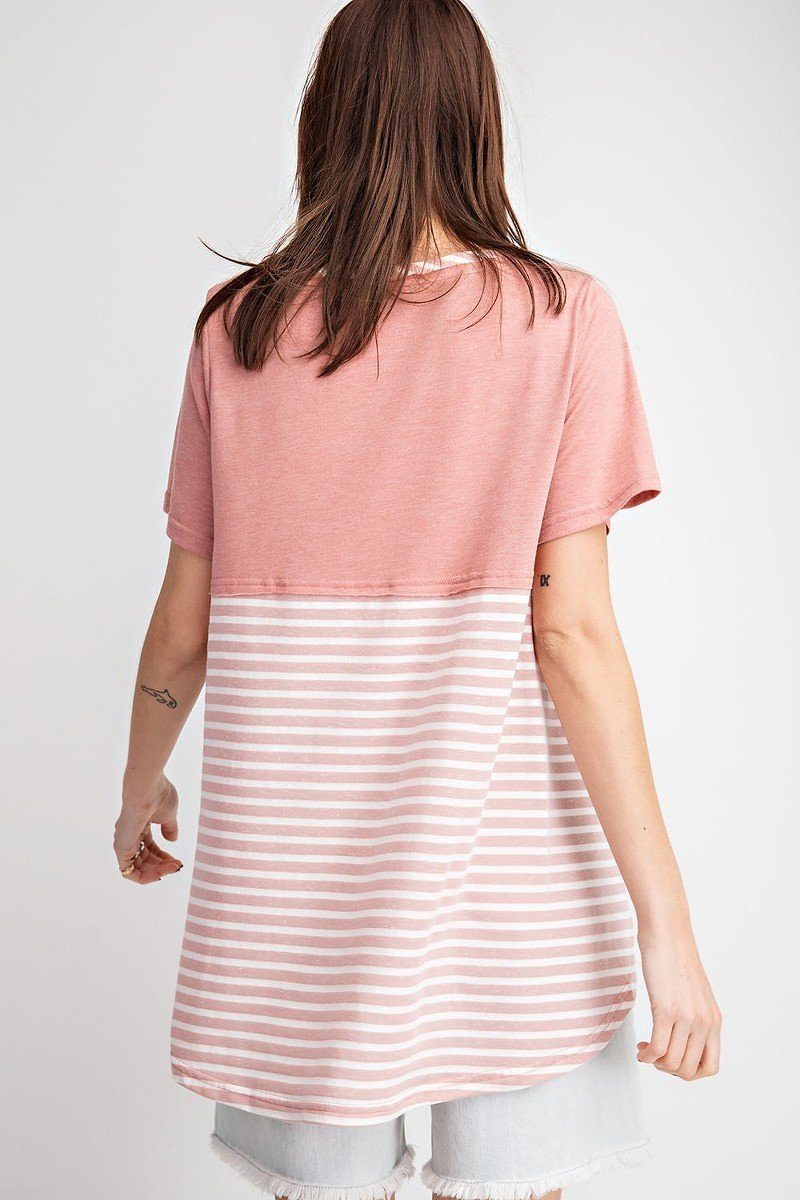 Short Sleeves Rayon Slub Mix And Match Striped Contrast Boxy Top