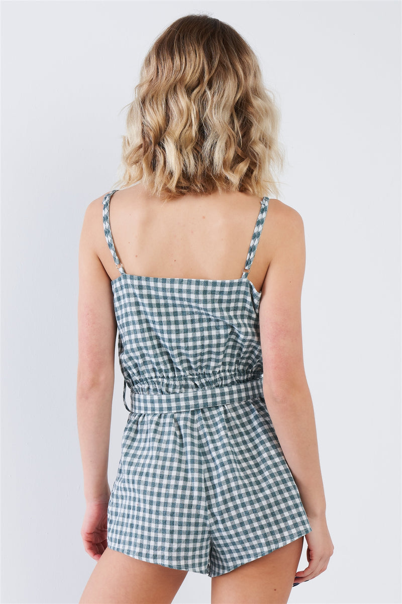 Green Checkered Layered Bow Cut Out Short Romper