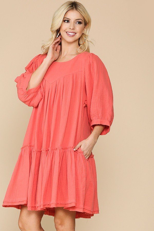 3/4 Sleeve Pocket Ruffle Pintuck Swing Dress