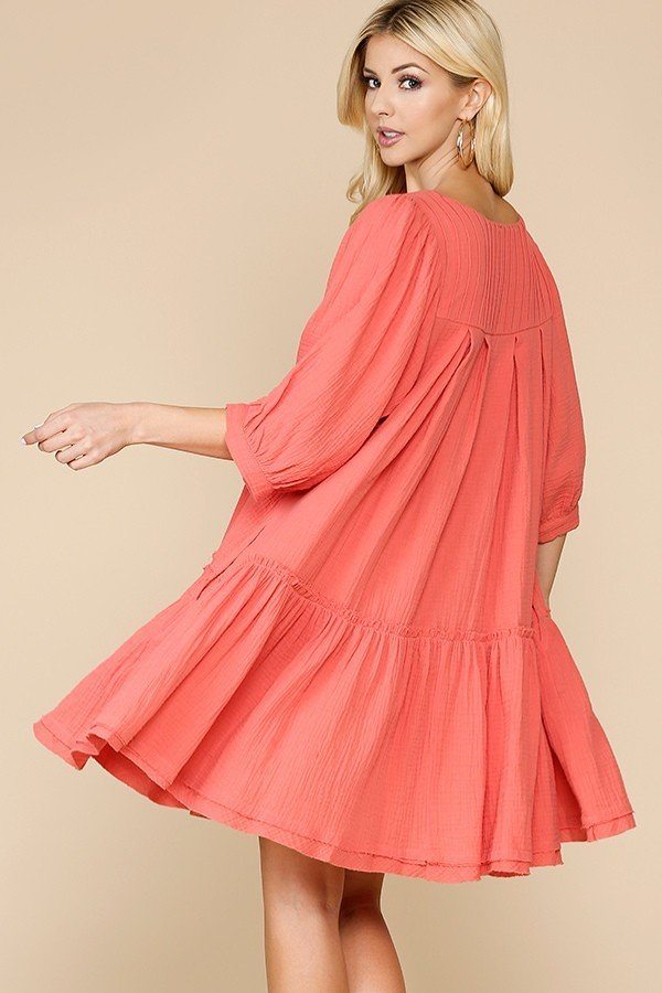 3/4 Sleeve Pocket Ruffle Pintuck Swing Dress