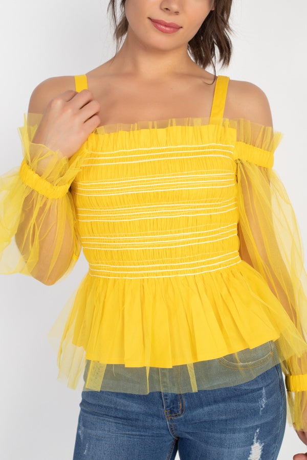 Sheer Mesh Open Shoulder Top