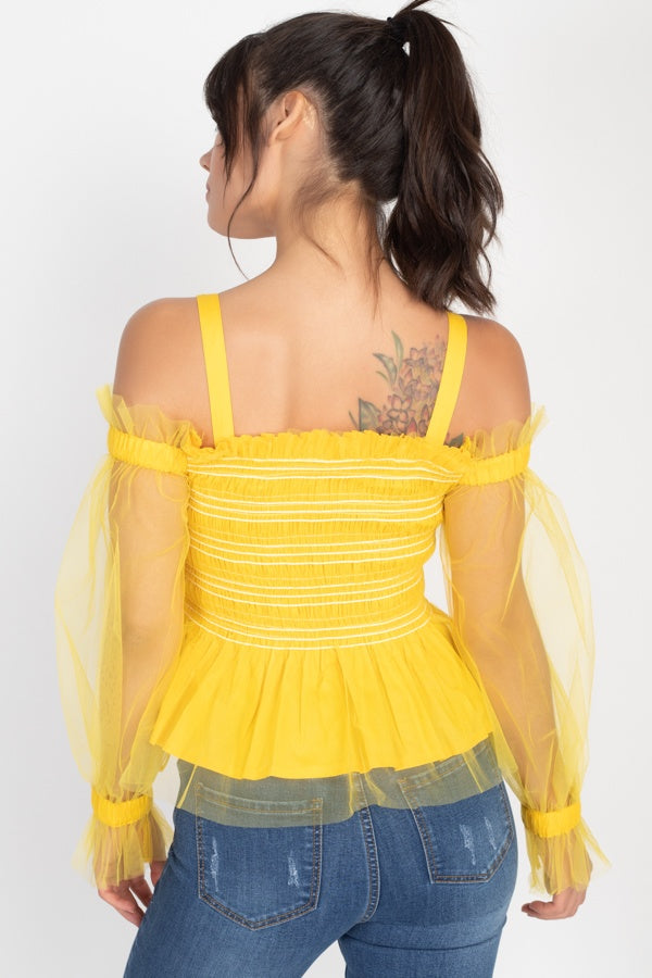 Sheer Mesh Open Shoulder Top