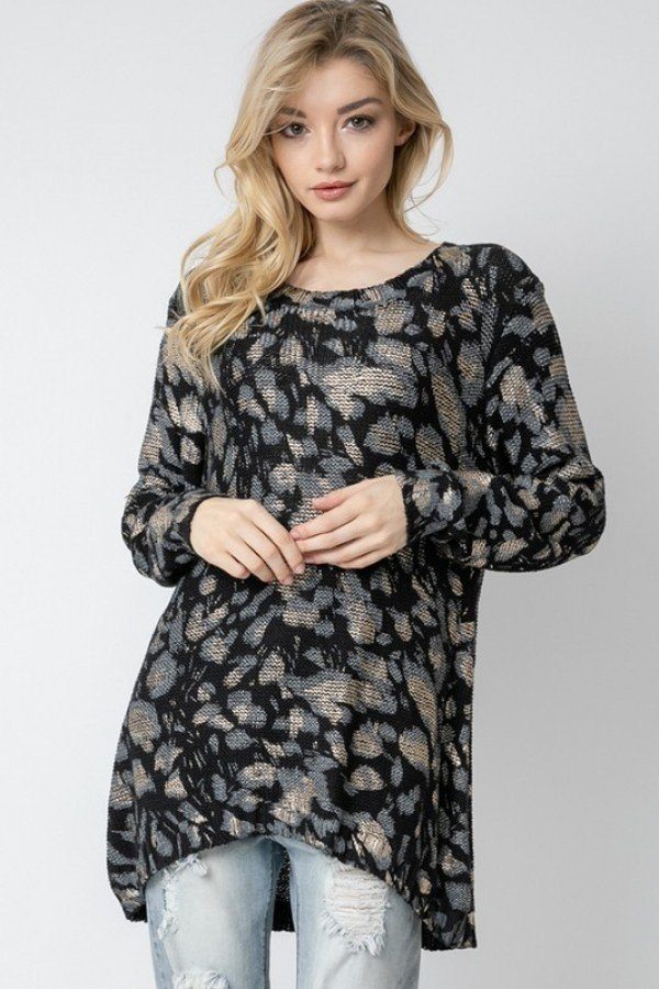 Wild Leopard Animal Print Asymmetrical Hem Cozy Knit Pullover Sweater.