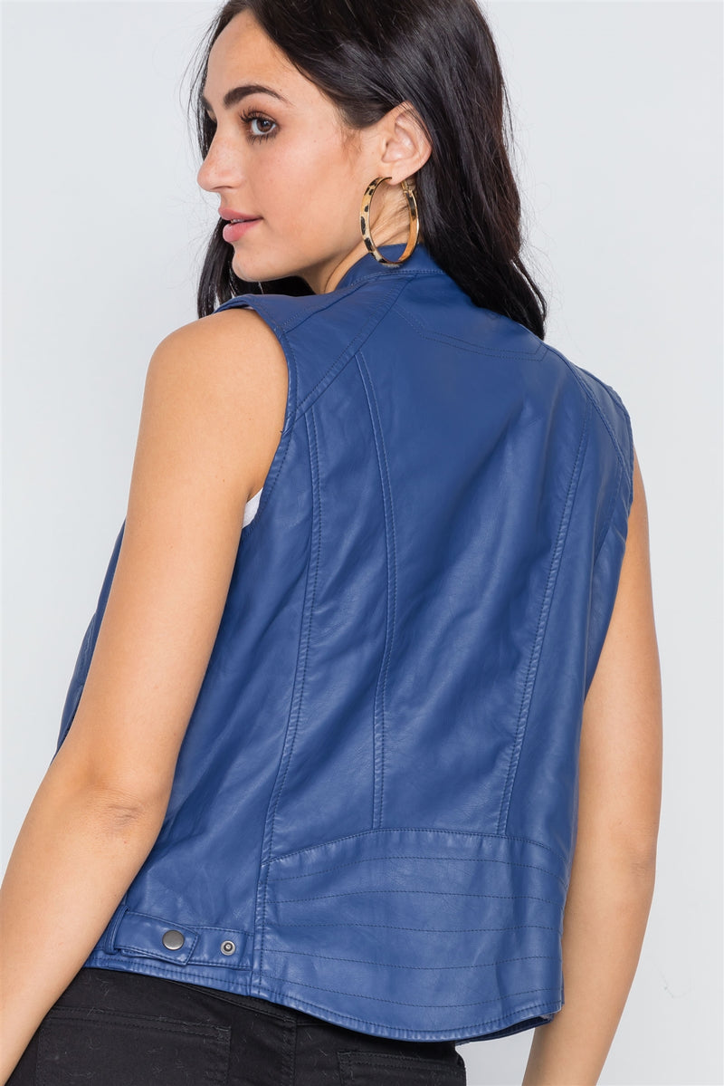 Blue Vegan Leather Faux Fur Lining Triple Zip-up Detail Moto Vest