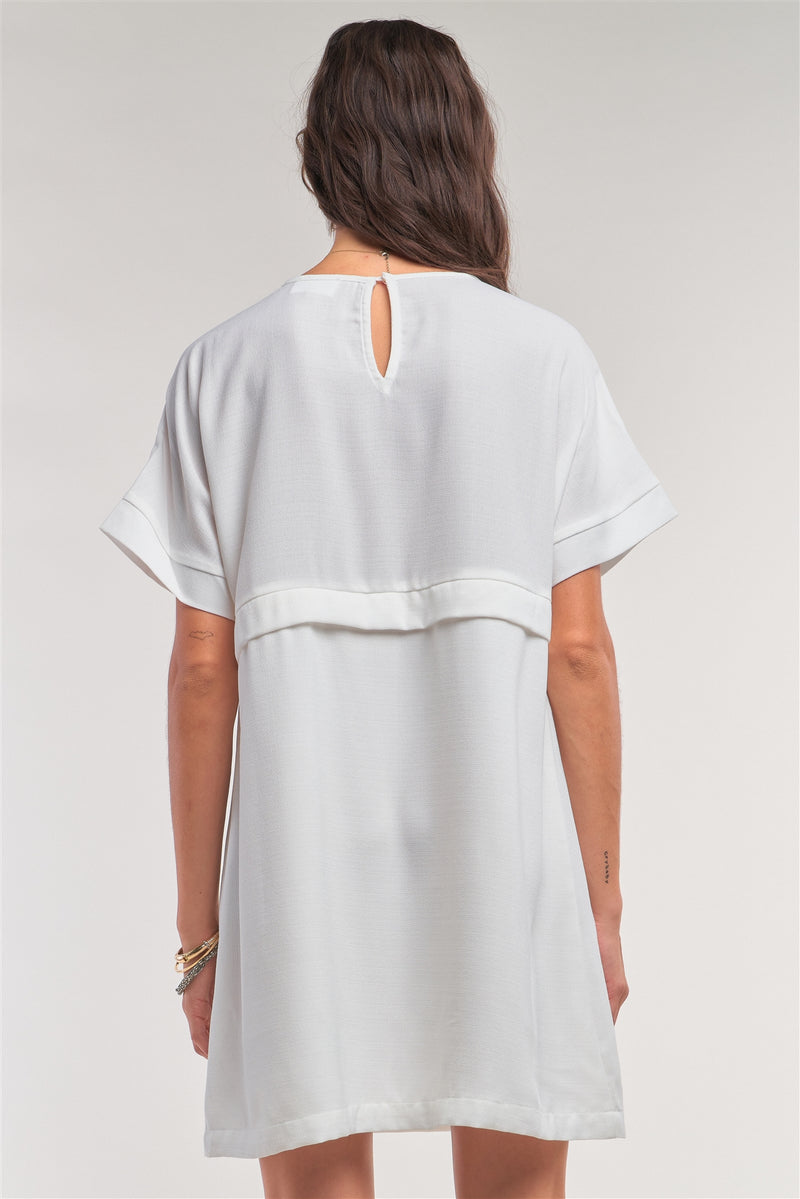 Off-white Short Sleeve Relaxed Fit Draw String Tie Waist Detail Mini Dress