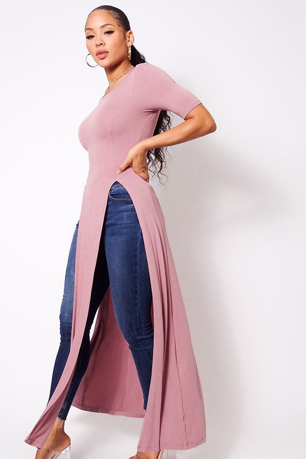 Elbow Sleeve Maxi Tank Top With Side Slits