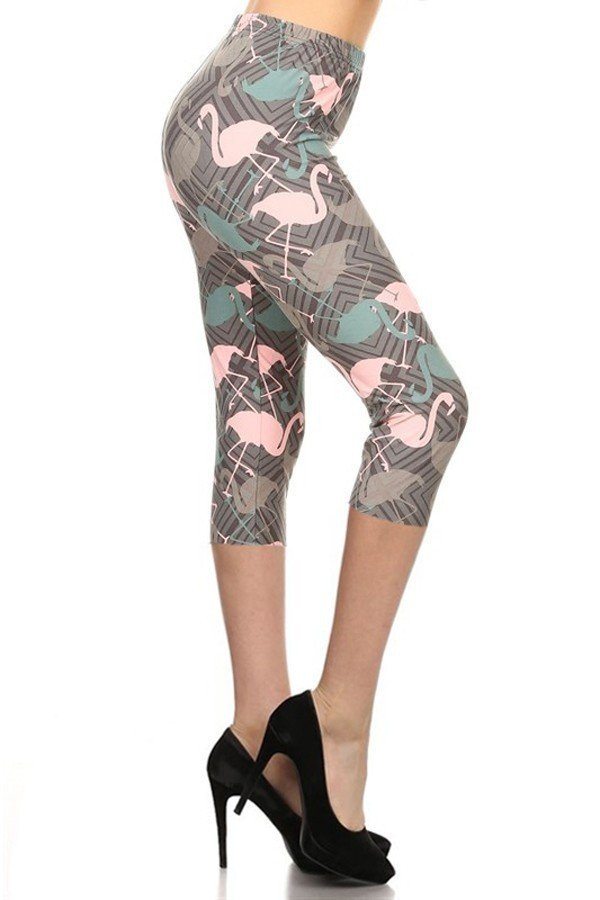 Flamingos Printed Knit Capri Legging With Elastic Waistband
