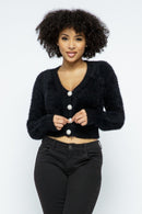 Eyelash Knit Cropped Cardigan With Pearl Button Details