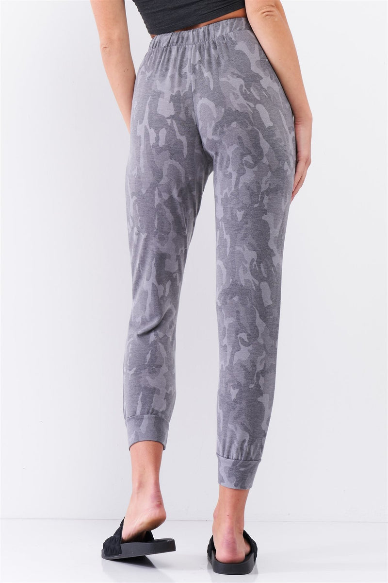 Grey Camo Print Loose Fit High-waisted Elasticated Self-tie Drawstring Waistline Track Pants