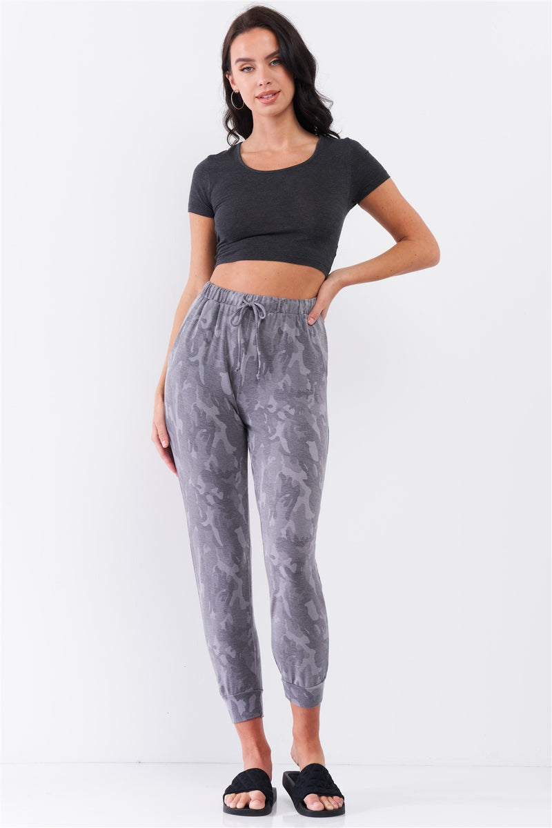 Grey Camo Print Loose Fit High-waisted Elasticated Self-tie Drawstring Waistline Track Pants