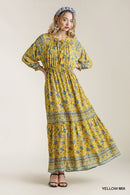 Paisley Print Smocked Ruffle Cuff Sleeve Elastic Waist Maxi Dress With Front String Tie