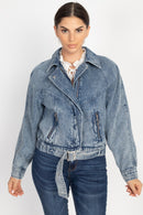 Ribbed Hem Belted Denim Jacket