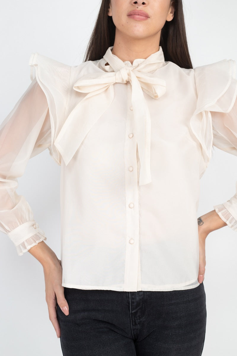 Neck Bow Tie Ruffle Blouse