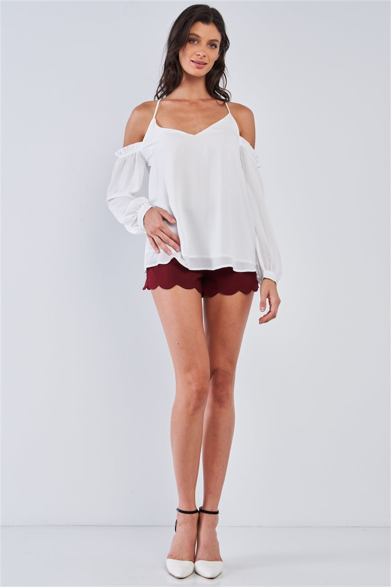 Ariana White Relaxed Fit V-neck Off-the-shoulder Long Sleeve Ruffle Hem Razor Back Top