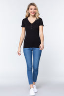 Short Slv V-neck Henley Knit Top