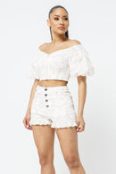 Cotton Off-shoulder Puff Sleeve Crop Top With Front Zipped Matching Shorts Set