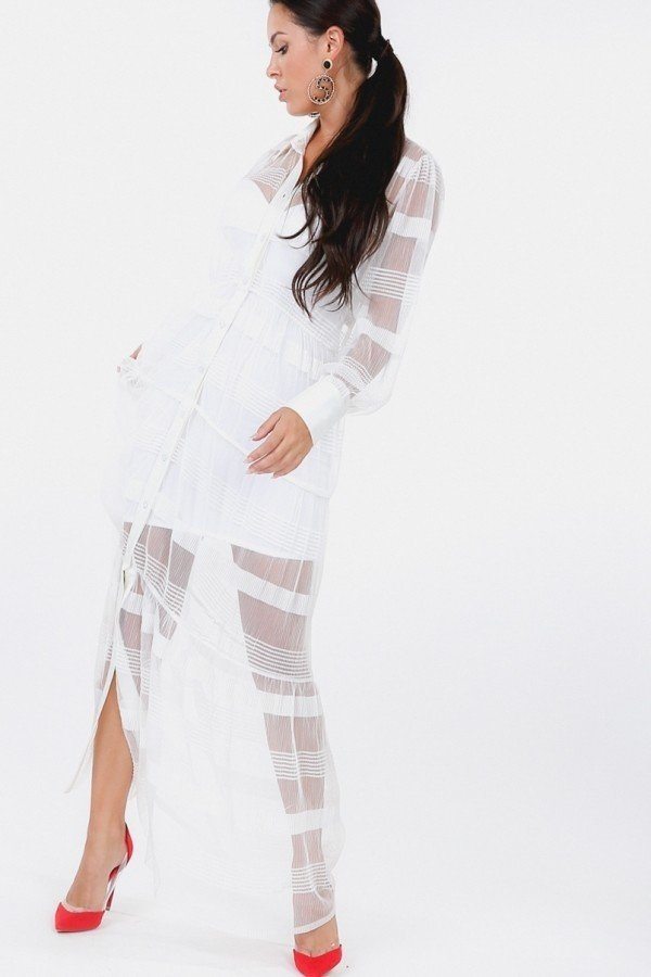 Stripe Pleated Long Sheer Shirt Dress