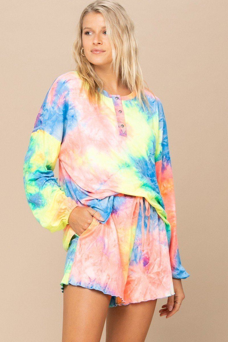 Tie-dye Printed Knit Top And Shorts Set