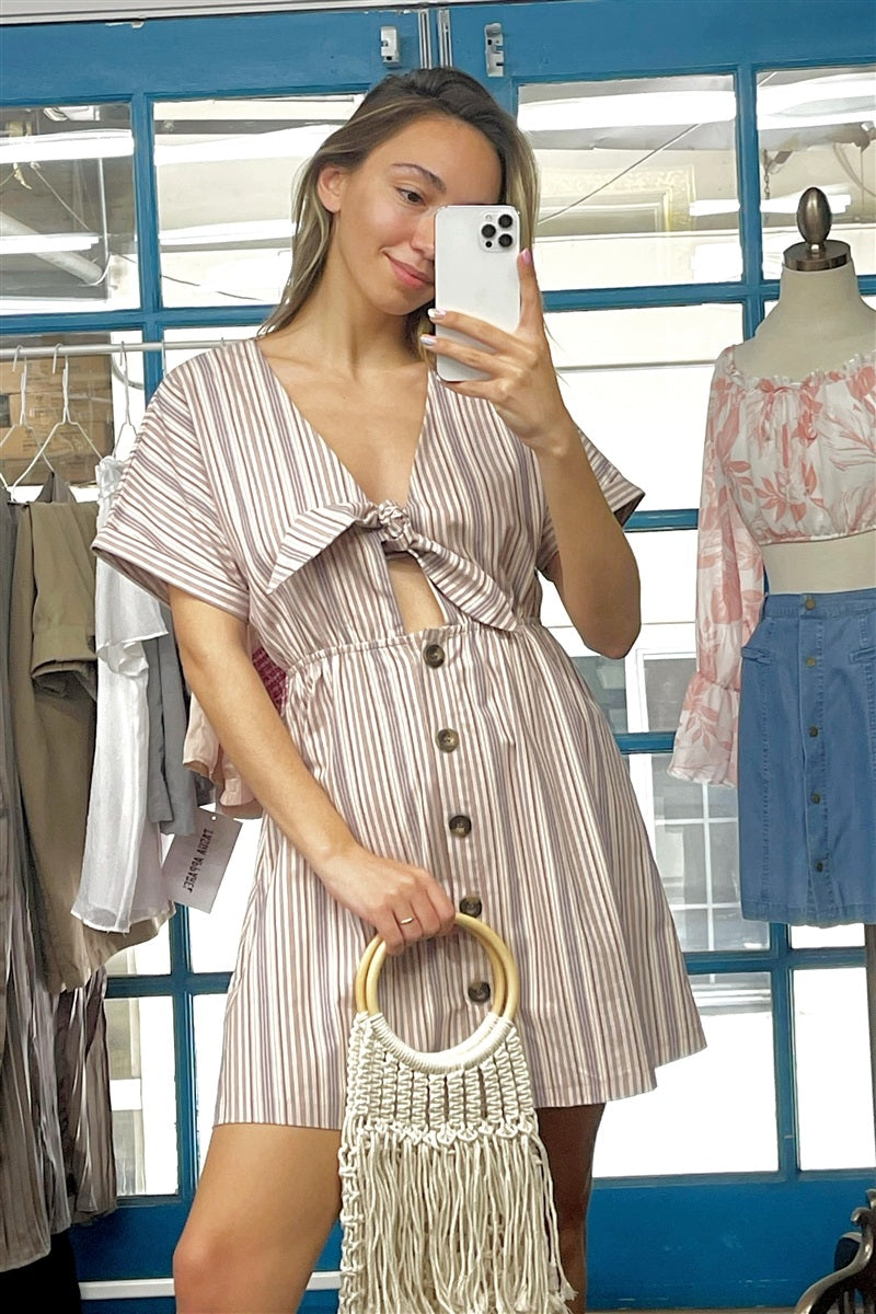 So 90s! Striped Self-tie Front Detail Short Sleeve Button Down Mini Shirt Dress