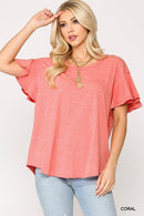 Solid Round Neck Frill Sleeve Top With Scoop Hem