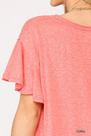 Solid Round Neck Frill Sleeve Top With Scoop Hem