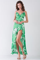 Satin Floral Print Sleeveless V-neck Self-tie Back Ruffle Trim Side Slit Detail Maxi Dress