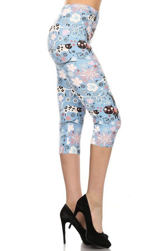 Cats And Flowers Printed, High Waisted Capri Leggings
