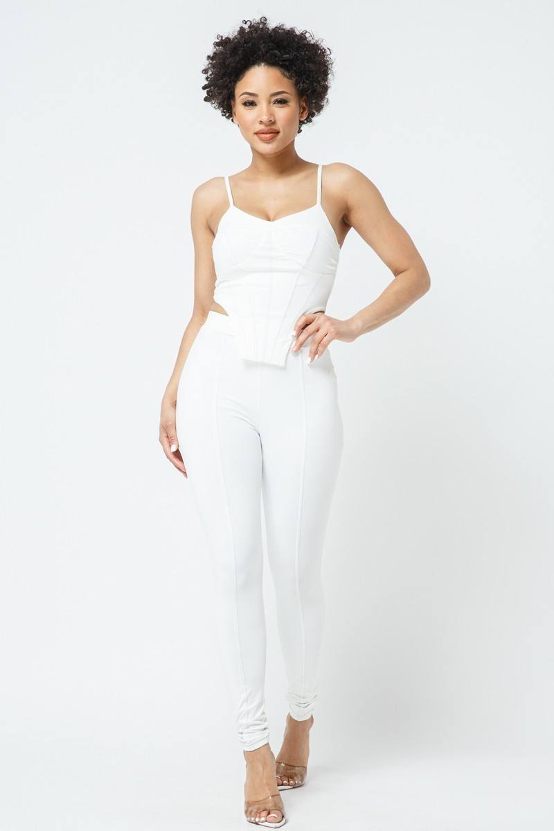 Strappy Bustier Stitch Details With Back Zipped High-waist Skinny Pants With Waist Elastic
