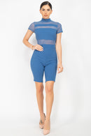Stripe Mesh Mock Neck Biker Romper