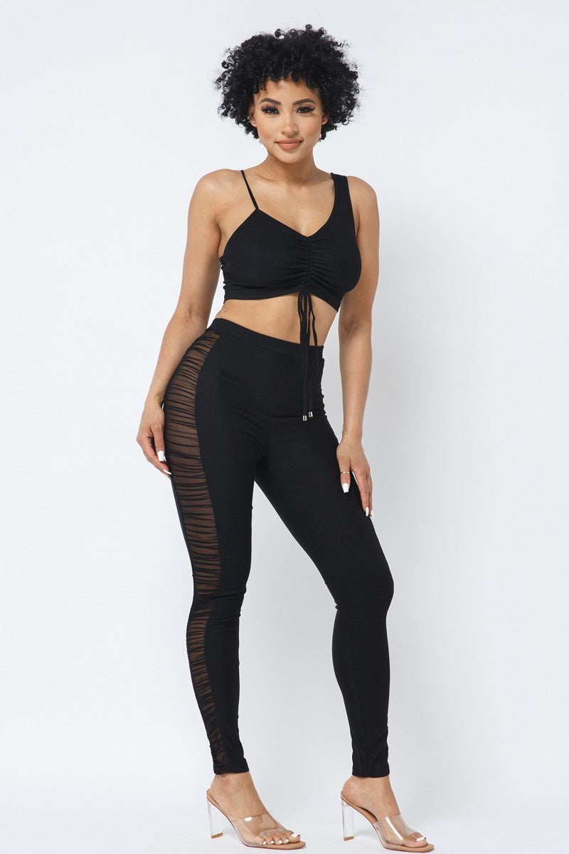 Mesh Strappy Adjustable Ruched Crop Top With Matching See Through Side Panel Leggings