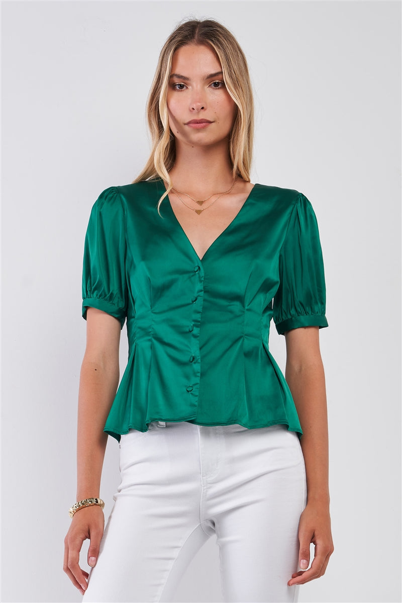 Kelly Green Satin Short Puff Sleeve V-neck Button-down Front Fit & Flare Blouse Top