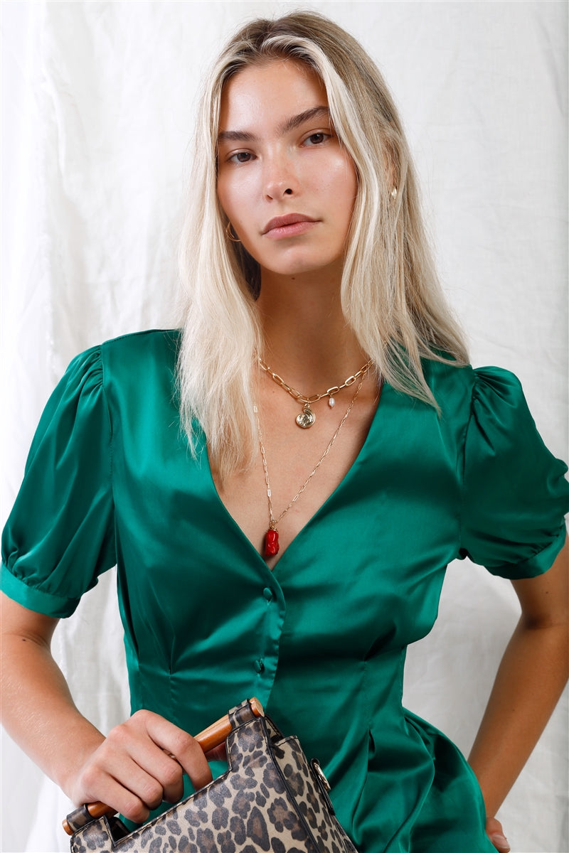 Kelly Green Satin Short Puff Sleeve V-neck Button-down Front Fit & Flare Blouse Top