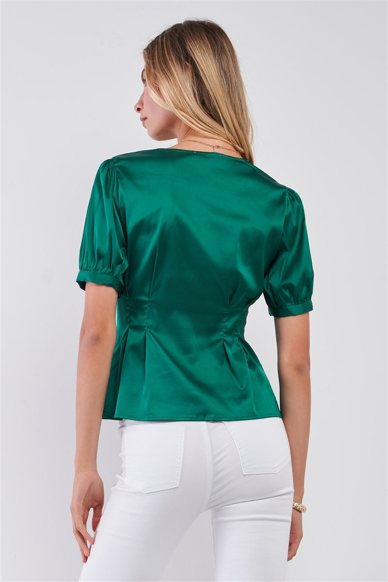 Kelly Green Satin Short Puff Sleeve V-neck Button-down Front Fit & Flare Blouse Top