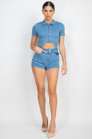 Belted Zip-up Denim Romper