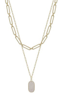 2 Layered Metal Chain Stone Pendant Necklace