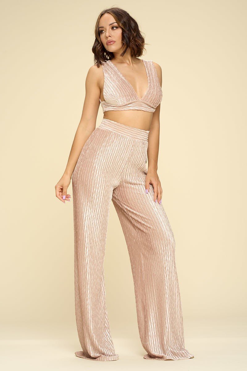 Crushed Velvet Plunging Neck Tank Top And High Waist Palazzo Pants Set