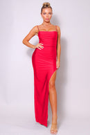 Spaghetti Strap Pleated Bust Front Slit Maxi Dress