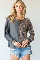 Unique Leopard Color Block Long Sleeve Top