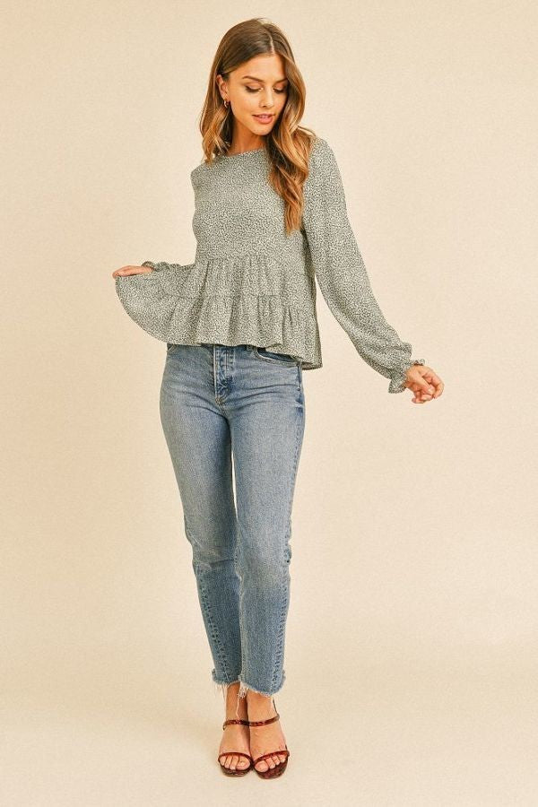 Ditsy Floral Crinkle Gauze Tiered Long Sleeve Top