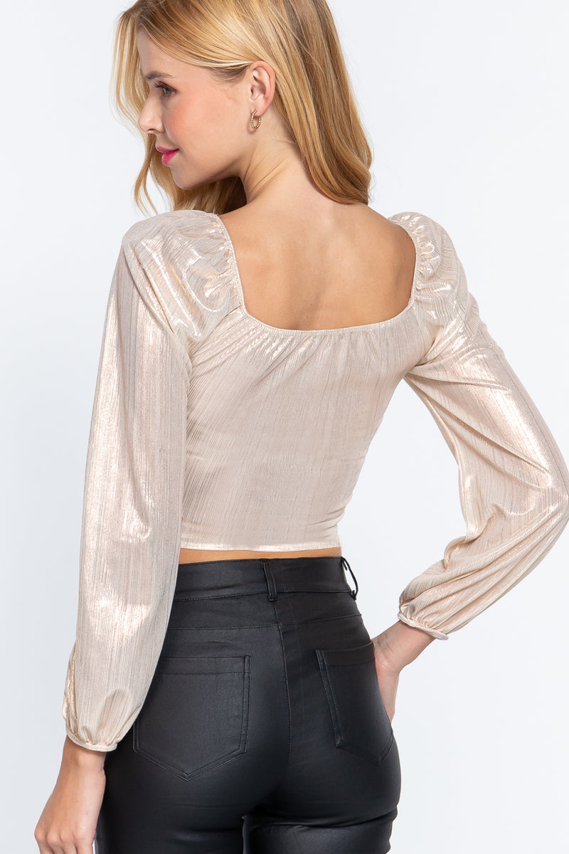 Long Slv Ruched Metallic Knit Top