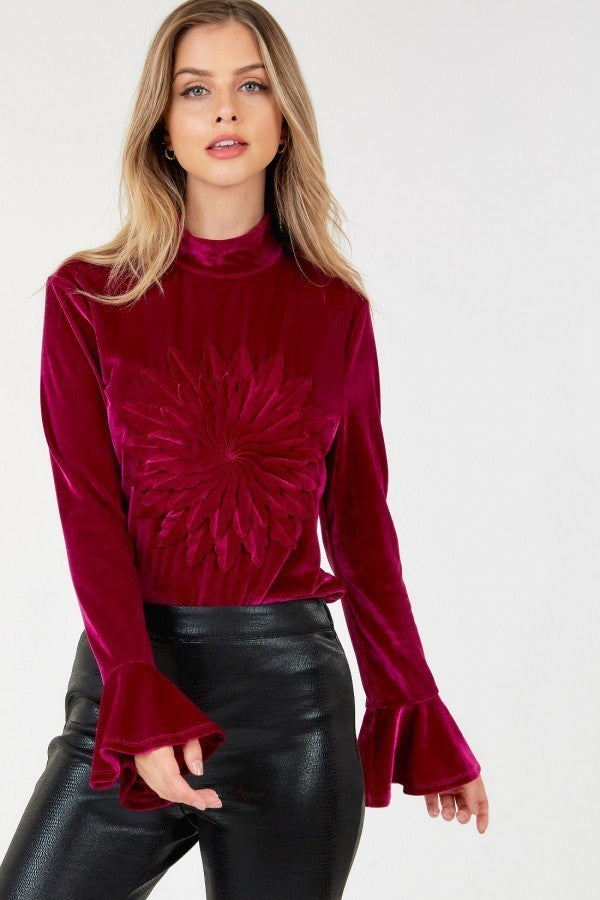 Velvet Flower Patch Mock Neck Top With Wide Sleeves