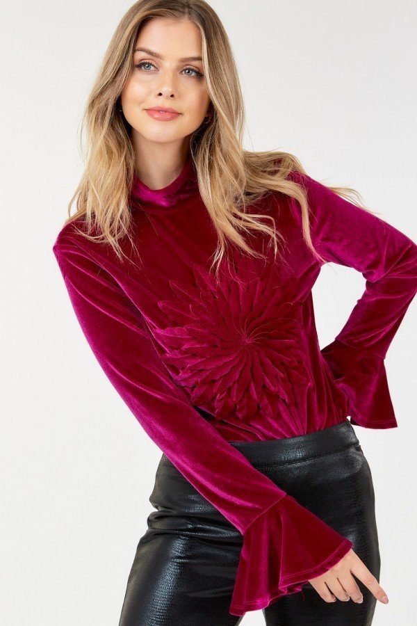 Velvet Flower Patch Mock Neck Top With Wide Sleeves