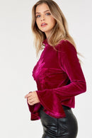 Velvet Flower Patch Mock Neck Top With Wide Sleeves