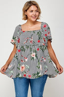 Plus Size Floral Check Printed Rayon Challis Square Neck Fashion Top