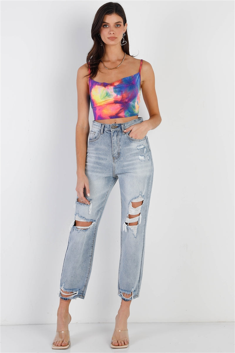 Multi Color Neon Tie-dye Lurex Cowl Neck Sleeveless Crop Top