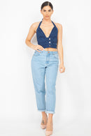 Denim Halter Neck Seamed Crop Top