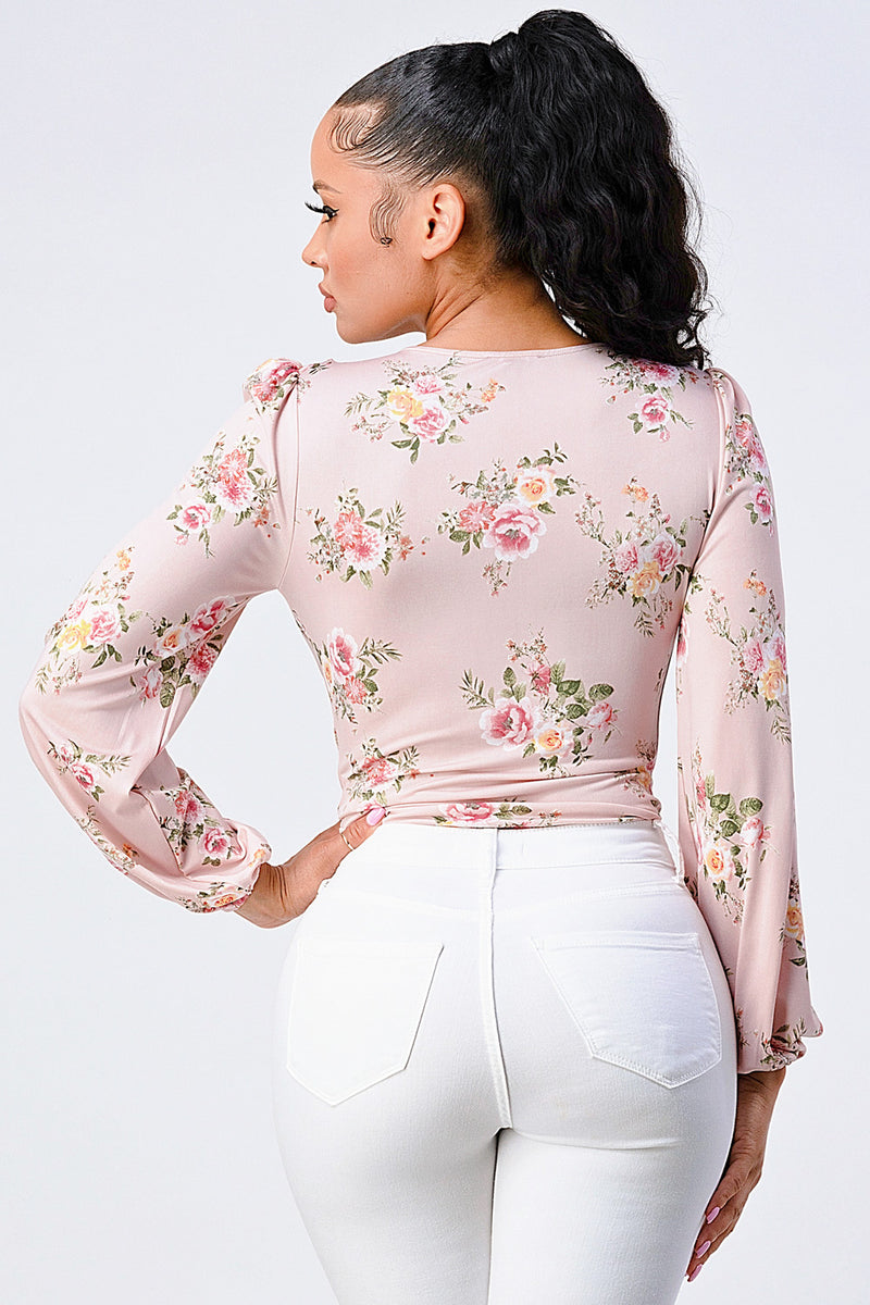 Floral Wrapped V-neck Long Sleeves Bodysuit