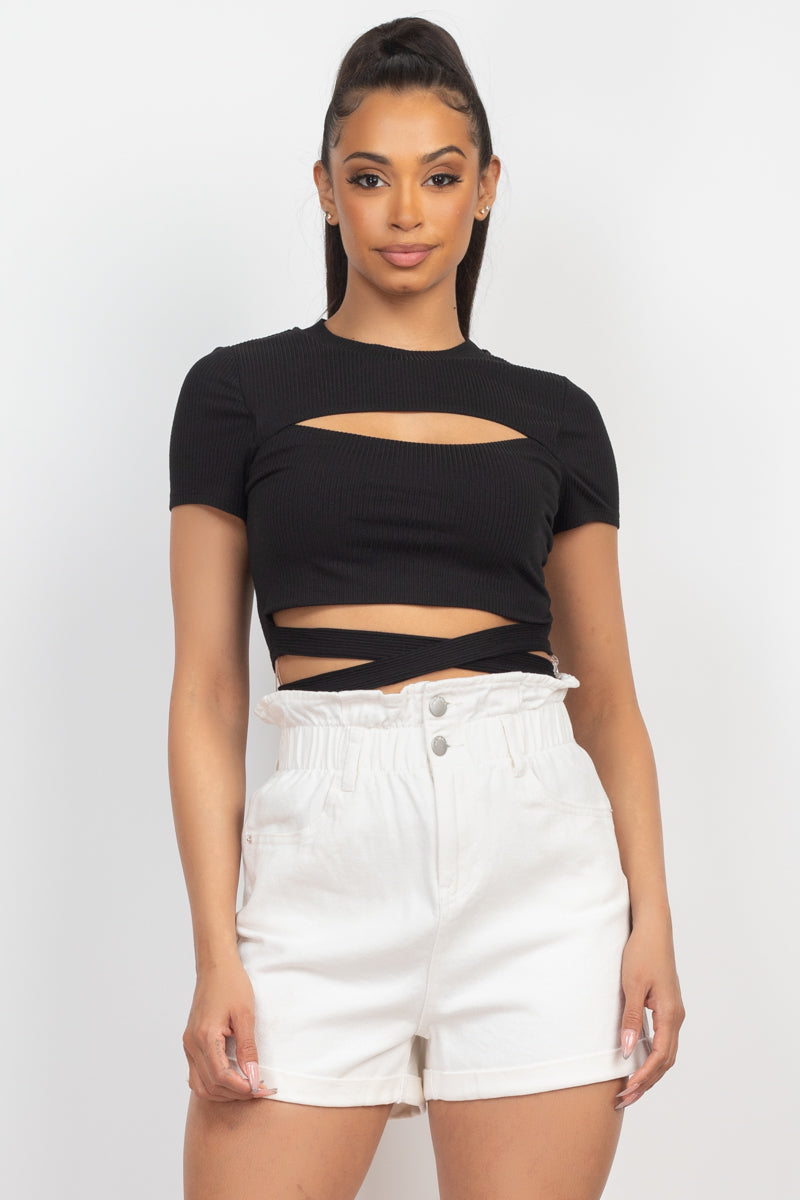 Self-tie Ribbon Front Cutout Crop Top